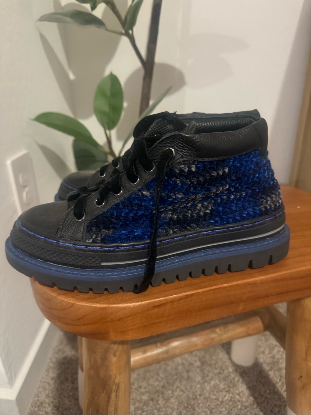 Women’s Black and Blue Knit High-Top Sneakers